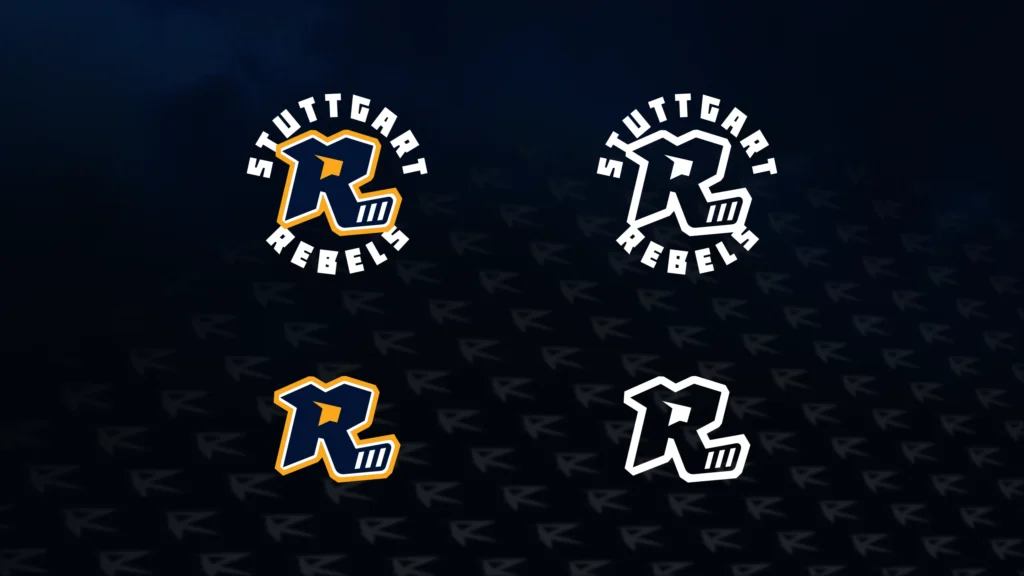 Vier Varianten des Lettermark-Logos mit dem Buchstaben „R“ im Eishockey-Stil auf dunklem Hintergrund – oben mit kreisförmigem Schriftzug „STUTTGART REBELS“, unten als isoliertes „R“, jeweils in einer mehrfarbigen (Dunkelblau, Gelb, Weiß) und einer monochromen weißen Version.