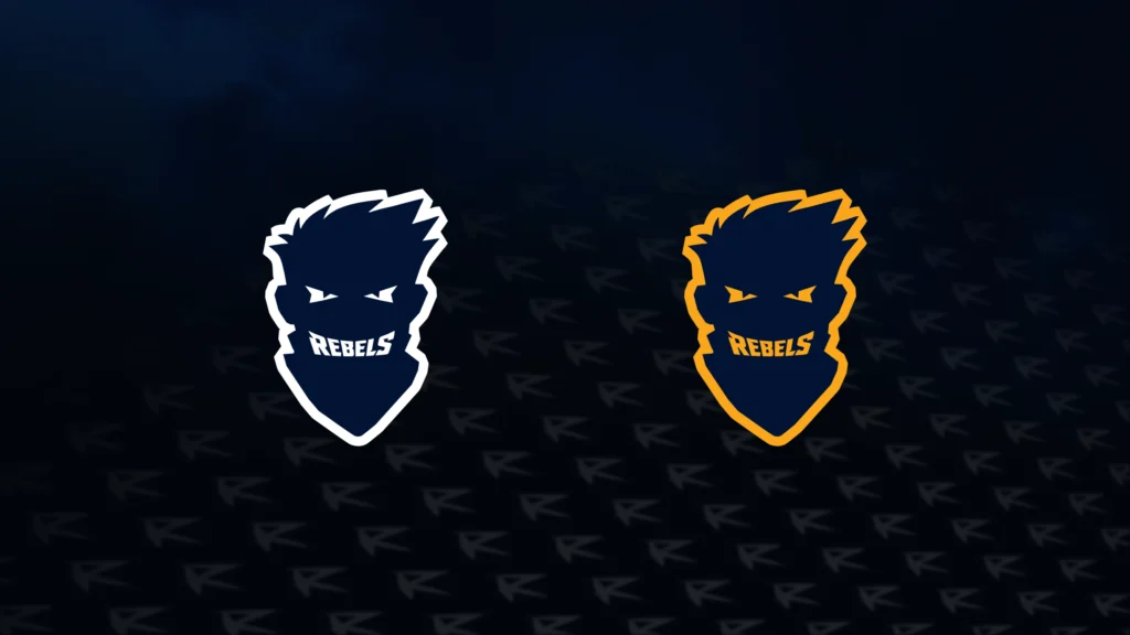 Das neue Face-Logo der Stuttgart Rebels: Zwei stilisierte Kopf-Varianten des Rebellen-Maskottchens nebeneinander auf dunklem Hintergrund. Das Gesicht zeigt fokussierte Augen und ein Bandana mit dem Schriftzug „REBELS“. Links als weiße Kontur-Version, rechts mit gelber Kontur und gelbem Schriftzug.
